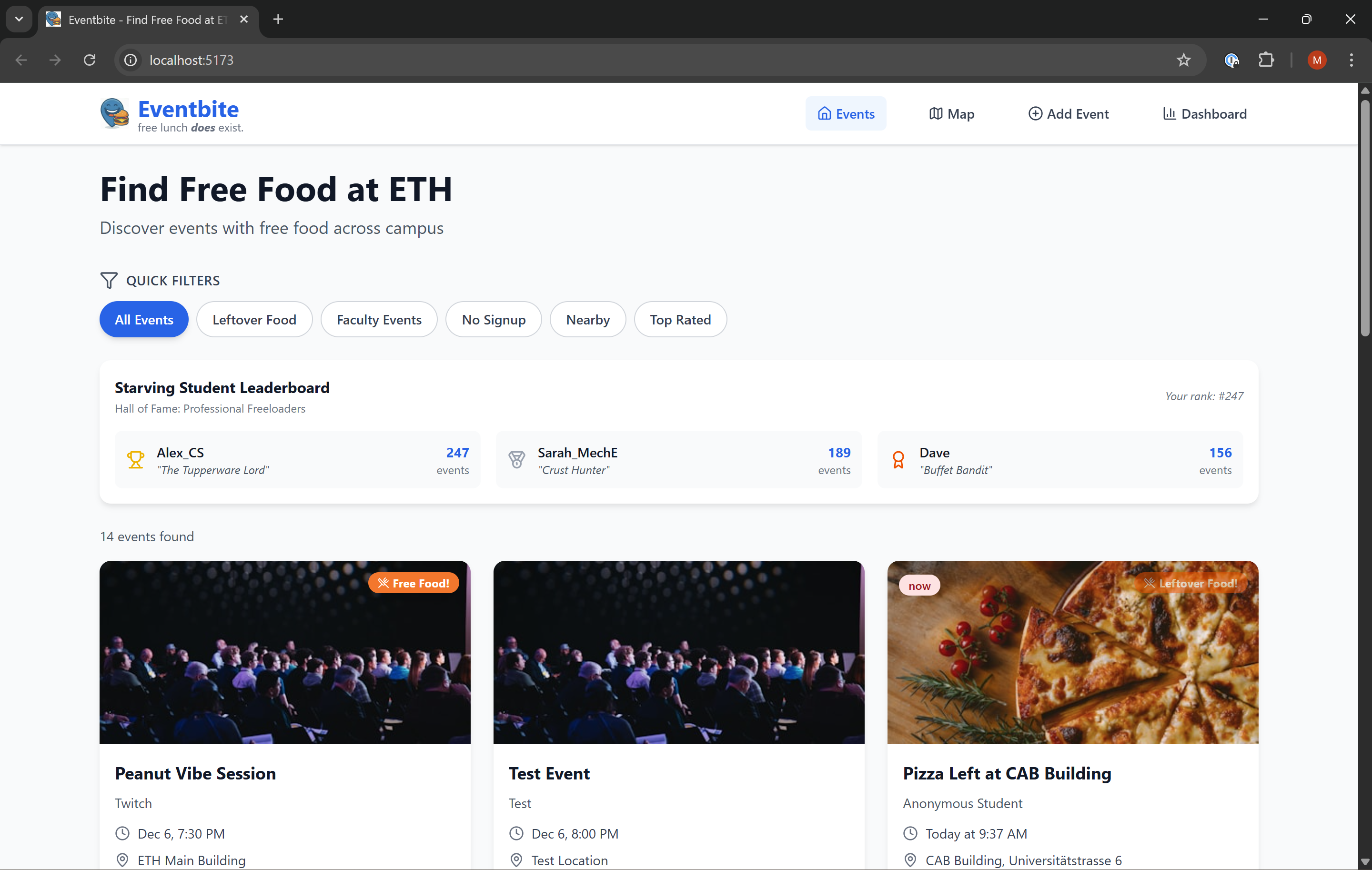 EventBite main page showing campus events with free food